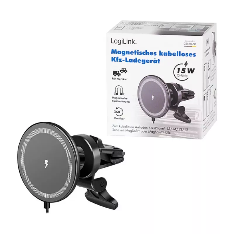 LogiLink Cargador inalámbrico para coche con soporte para smartphone 15W, forma redonda, Qi, sujeción automática, rejilla de ventilación y ventosa, negro