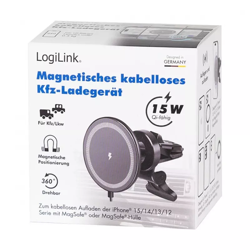 LogiLink Cargador inalámbrico para coche con soporte para smartphone 15W, forma redonda, Qi, sujeción automática, rejilla de ventilación y ventosa, negro