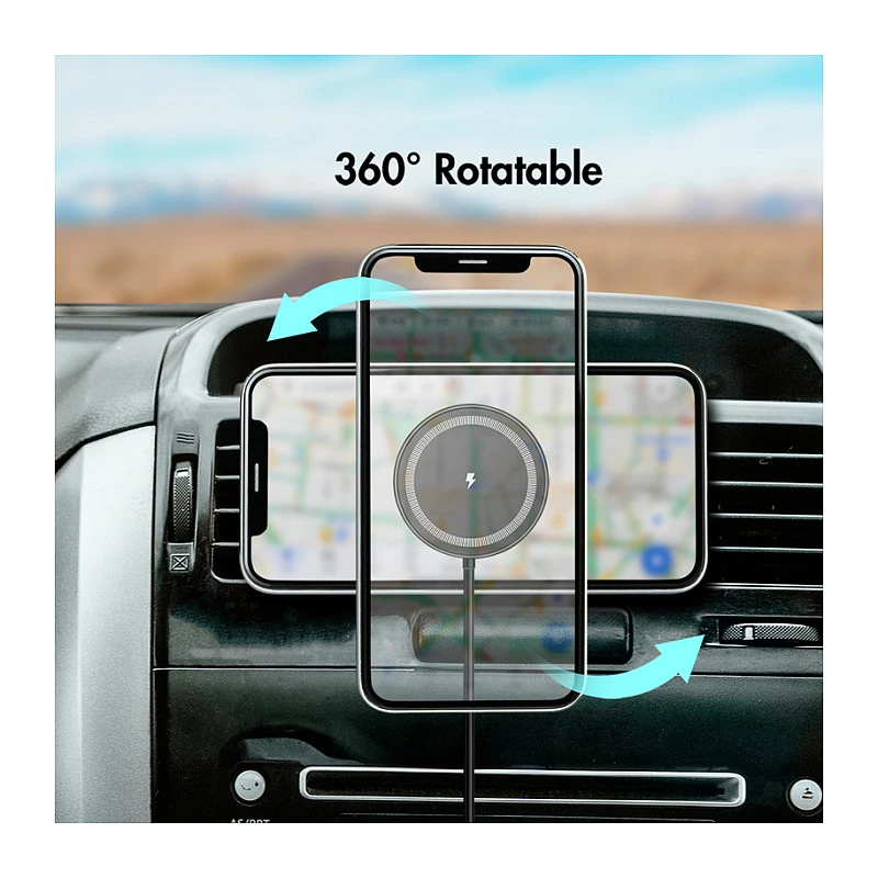 LogiLink Cargador inalámbrico para coche con soporte para smartphone 15W, forma redonda, Qi, sujeción automática, rejilla de ventilación y ventosa, negro