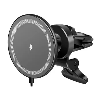 LogiLink Cargador inalámbrico para coche con soporte para smartphone 15W, forma redonda, Qi, sujeción automática, rejilla de ventilación y ventosa, negro