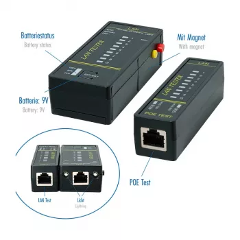 LOGILINK WZ0080 comprobador de cables LAN y buscador PoE con imán, linterna, LCD retroiluminada, alcance de 300 m