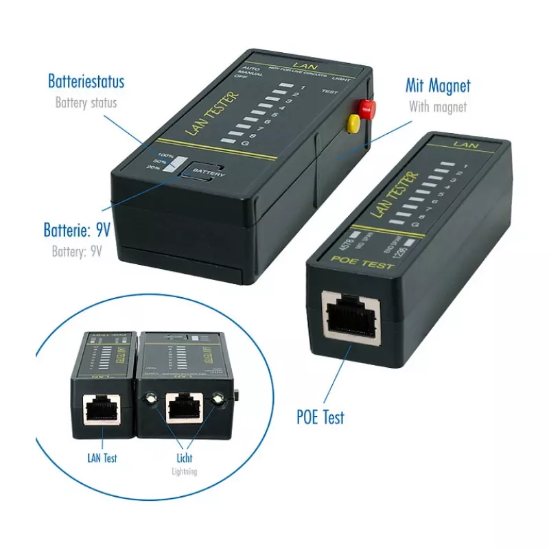 LOGILINK WZ0080 comprobador de cables LAN y buscador PoE con imán, linterna, LCD retroiluminada, alcance de 300 m