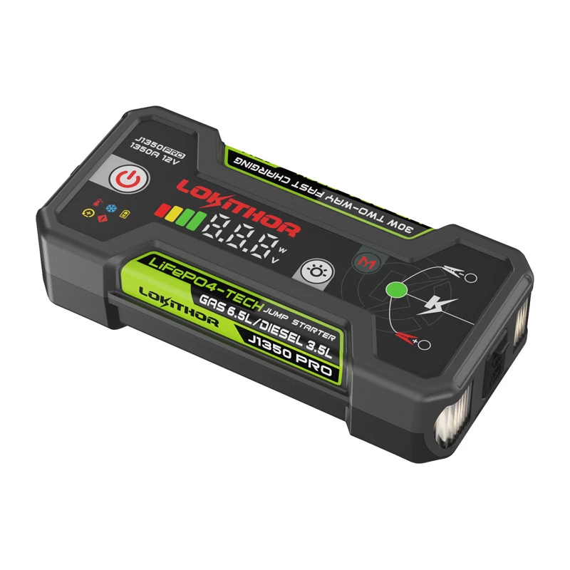 LOKITHOR J1350 Pro Arrancador 25.6Wh 12V con 2500A de corriente máxima y compresor de aire