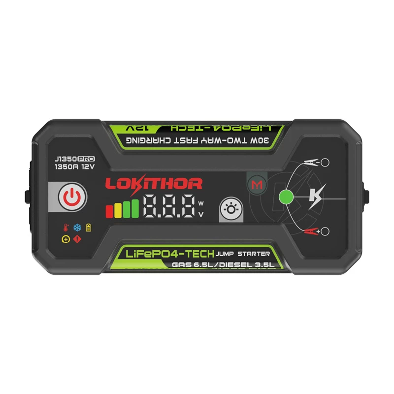LOKITHOR J1350 Pro Arrancador 25.6Wh 12V con 2500A de corriente máxima y compresor de aire