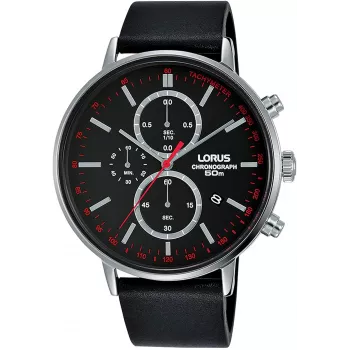 Lorus Reloj de cuarzo hombre RM365FX9 - Caja de acero inoxidable de 43mm, esfera negra, correa plateada, resistencia al agua 100m