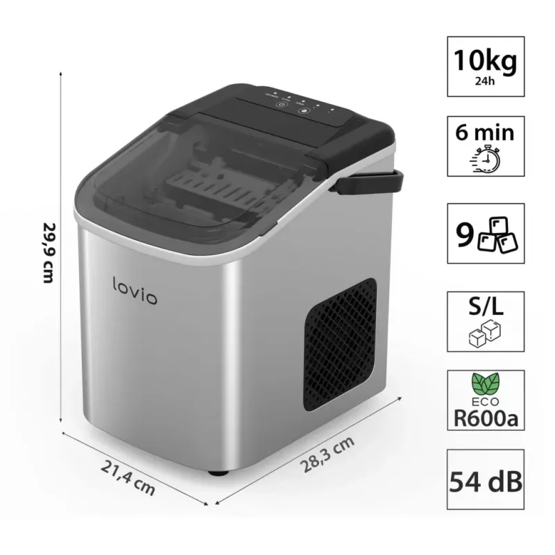 Lovio LVIM001SL Crystal Ice Home máquina de hielo – 12 kg/24h, depósito de 2,2L, plateado/negro