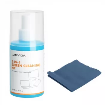 LUMIVIDA HS084912 Set de limpieza de pantallas – spray sin alcohol de 200 ml, paño de microfibra de 20x20 cm y cepillo suave para LCD, LED, OLED, plasma, portátiles, monitores, smartphones, tablets, cámaras y gafas