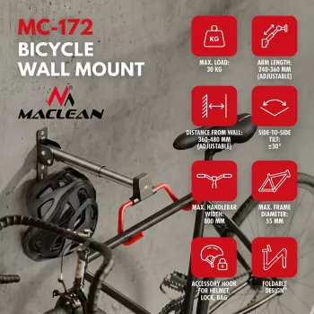 MACLEAN MC-172 Soporte de pared horizontal para bicicletas, acero, 30 kg de carga, ángulo ajustable, plegable, negro