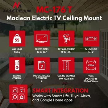 Maclean MC-176 T Soporte de techo eléctrico para televisor con control inteligente Tuya, VESA 200x200 a 800x400, para televisores de 43-86