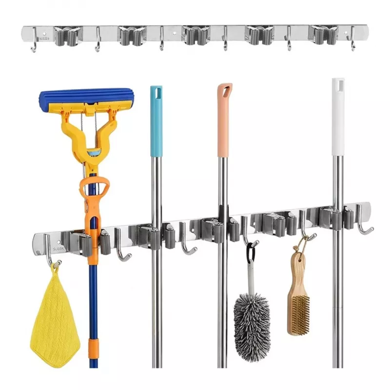 Maclean MC-185 Organizador de pared para herramientas de jardín y fregonas, acero, 60 cm, 20 kg de carga, con ganchos