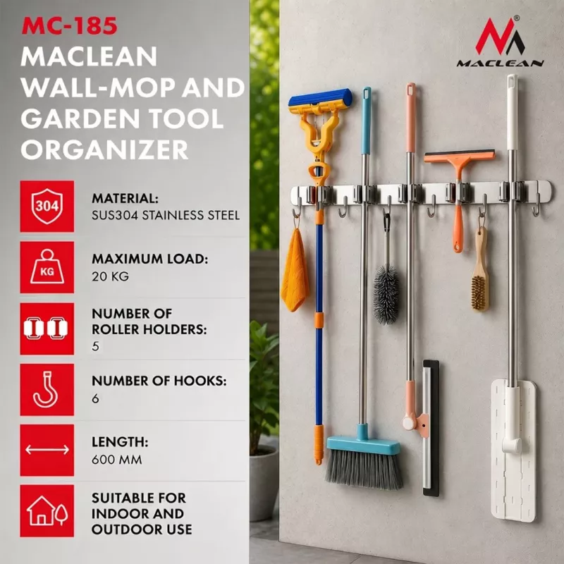Maclean MC-185 Organizador de pared para herramientas de jardín y fregonas, acero, 60 cm, 20 kg de carga, con ganchos