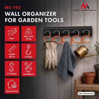 MACLEAN MC-193 Organizador de herramientas de jardín de pared con 5 soportes para mangos y 6 ganchos plegables, plástico ABS, gris/negro