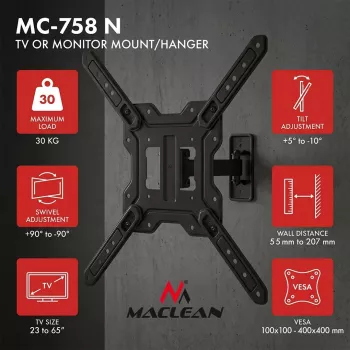 Maclean MC-758 N soporte fijo para televisores y monitores de 23-65 pulgadas, 30 kg, VESA 400x400, negro
