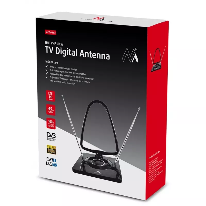 Antena de interior de alta ganancia Maclean MCTV-963, bajo ruido, digital y analógica, Freeview FM DVB, potente 45dB DVB-T/T2 H.265 HEVC