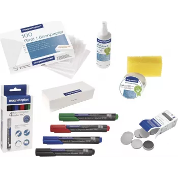MAGNETOPLAN HOLTZ 12299 Set de accesorios para pizarra blanca - Multicolor (Negro, Azul, Verde, Rojo) con rotuladores, imanes, borrador, paño de limpieza y líquido de limpieza