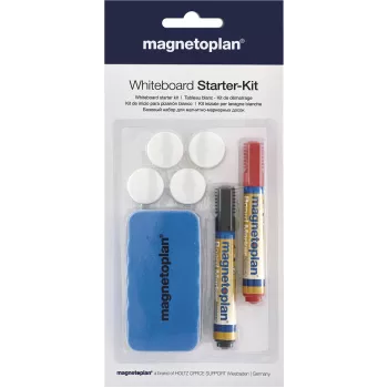 MAGNETOPLAN HOLTZ 37102 Set de accesorios para pizarra blanca – borrador magnético, 4 imanes, 4 rotuladores (negro/rojo)
