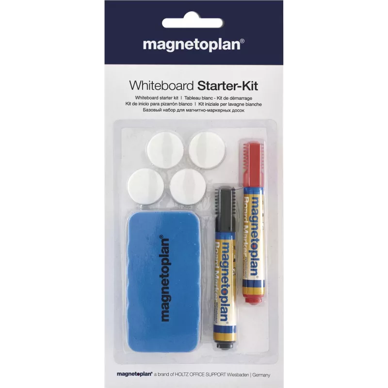 MAGNETOPLAN HOLTZ 37102 Set de accesorios para pizarra blanca – borrador magnético, 4 imanes, 4 rotuladores (negro/rojo)
