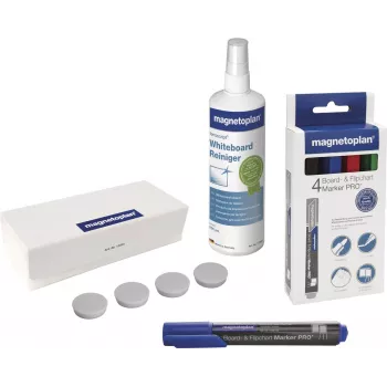MAGNETOPLAN HOLTZ Magnetoplan 12299N Set de accesorios para pizarra blanca – 4 rotuladores borrables en seco, 250 ml líquido de limpieza, borrador magnético, 10 paños, negro