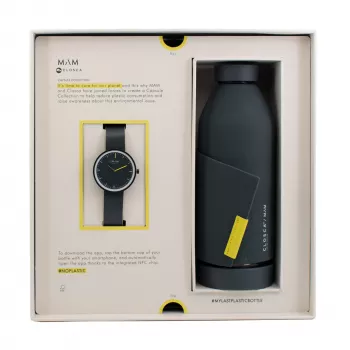 MAM MAM96 Reloj unisex 39mm cuarzo japonés madera de teca y acero inoxidable esfera negra correa de piel negra