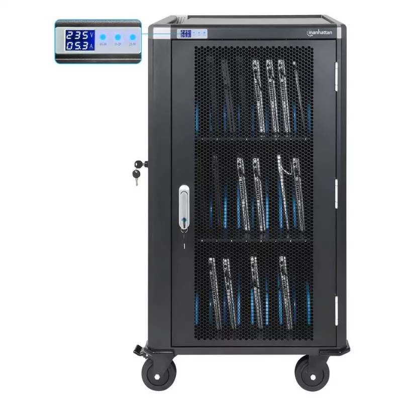 Manhattan Carro de carga/transporte para portátiles de 30 bahías con adaptador AC (EU) - Armario de acero con cerradura, 220-240V, 2300W, Enchufe CEE 7/7, Cable de 3m, 4 ruedas