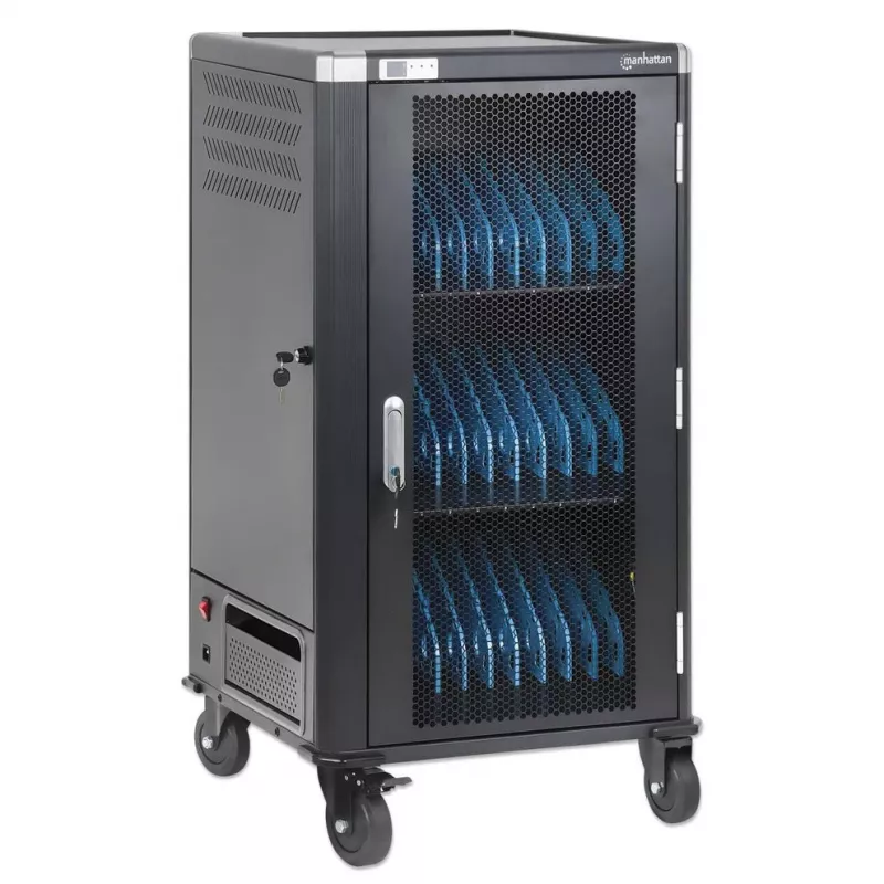 Manhattan Carro de carga/transporte para portátiles de 30 bahías con adaptador AC (EU) - Armario de acero con cerradura, 220-240V, 2300W, Enchufe CEE 7/7, Cable de 3m, 4 ruedas