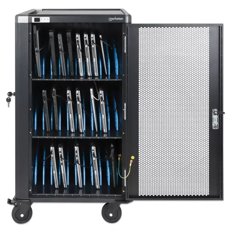 Manhattan Carro de carga/transporte para portátiles de 30 bahías con adaptador AC (EU) - Armario de acero con cerradura, 220-240V, 2300W, Enchufe CEE 7/7, Cable de 3m, 4 ruedas