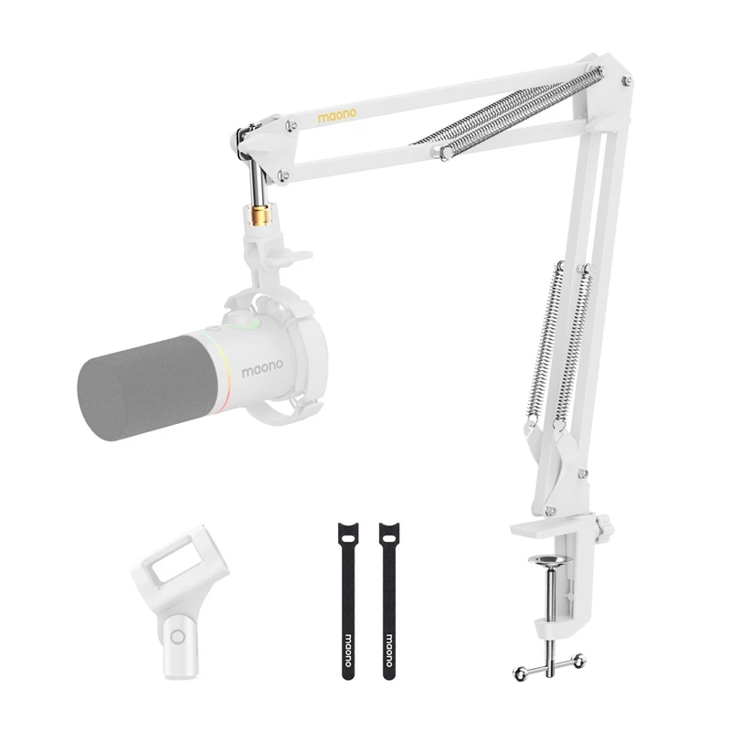 MAONO BA20 Brazo articulado para micrófono blanco – pinza de mesa, acero, giro 360°