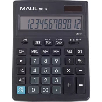 MAUL MXL 12 Calculadora de sobremesa con pantalla LCD de 12 dígitos, cálculo de impuestos, alimentación dual, negra 7267090