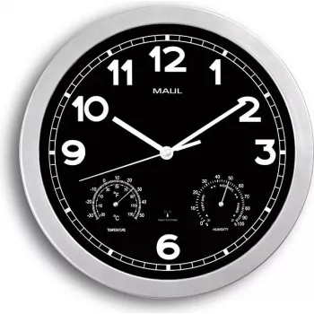 MAULdrive Reloj de pared 30 cm, cuarzo, caja negra, esfera plateada, a pilas 9059095