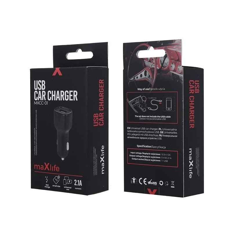 MAXLIFE MXCC-01 Cargador de coche Fast Charge 2.1A - negro