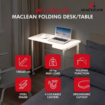 MCN Maclean mesa plegable en L blanca 100x65 cm móvil con ruedas bloqueables MC-1250 L/W