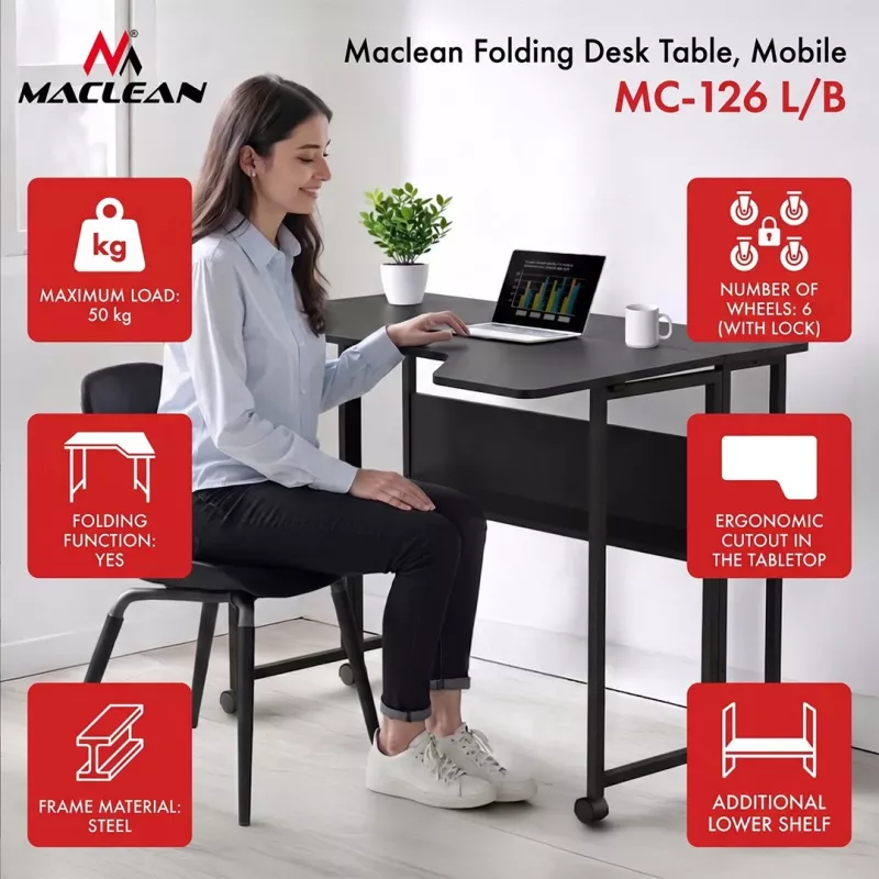 MCN Maclean escritorio/mesa plegable, negro, móvil, 100x73 cm, máx. 50 kg, en ángulo, en L, MC-126 L/B