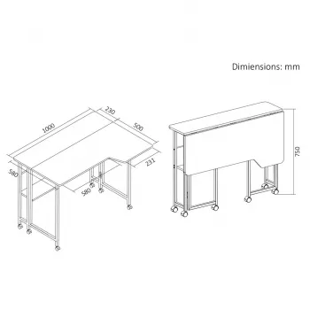 MCN Maclean escritorio/mesa plegable, negro, móvil, 100x73 cm, máx. 50 kg, en ángulo, en L, MC-126 L/B