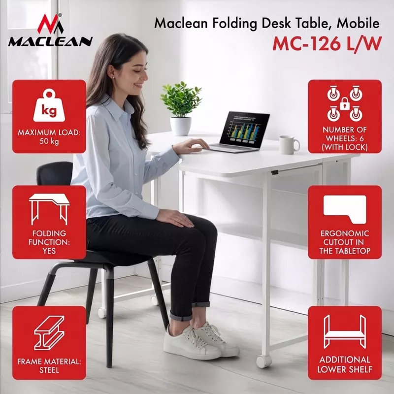 MCN Maclean MC-126 L/W Escritorio en L plegable, blanco, móvil, 100x73 cm, carga de 50 kg