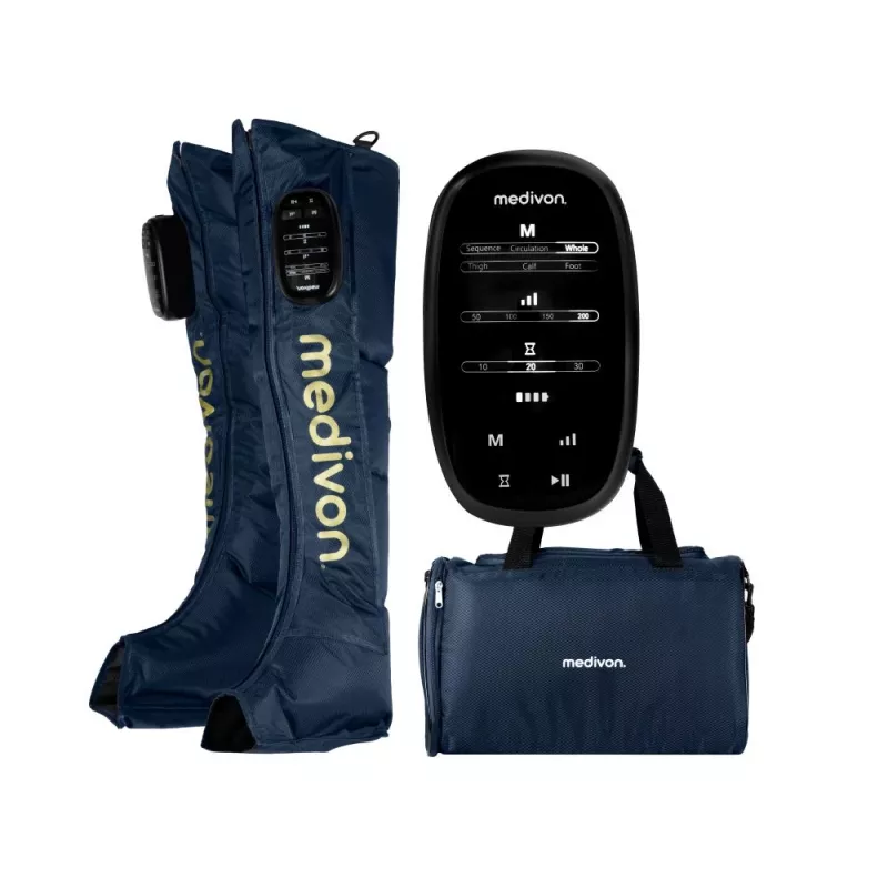 Medivon Compression Massager Aeria - Masajeador de piernas y pies por compresión de aire con calor, 3 modos, 3 intensidades, mando inalámbrico