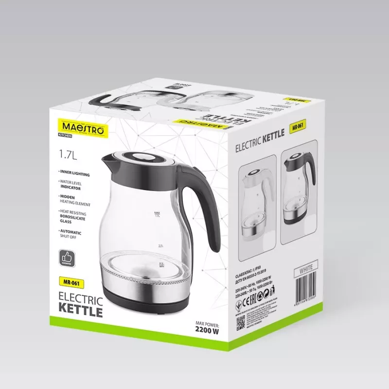 MEO Hervidor de agua de vidrio 2200W 1,7L negro MR-061-BLACK MAESTRO