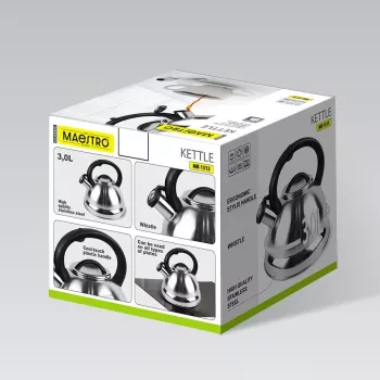 MEO MR-1313 MAESTRO 3,0 l Hervidor con silbato de acero inoxidable para placas de cocina, apto para inducción, plata con detalles negros