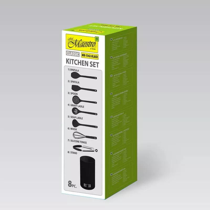 MEO MR-1542-BLACK MAESTRO Set de 8 utensilios de cocina con soporte giratorio de acero inoxidable, cabezas de nailon negras