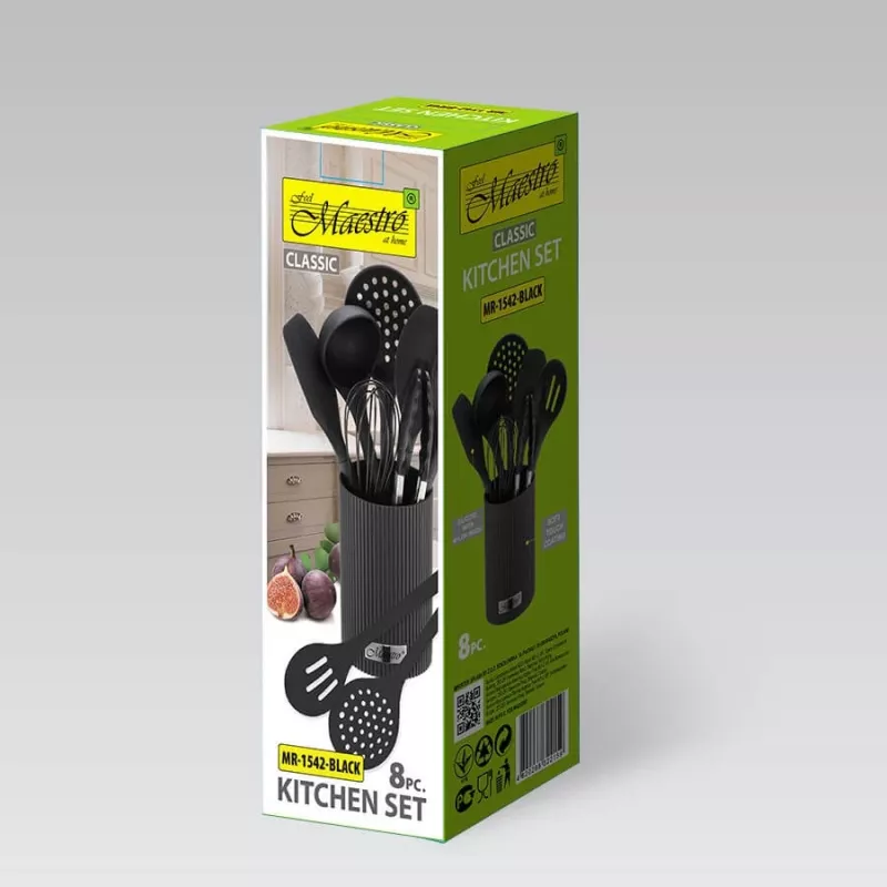 MEO MR-1542-BLACK MAESTRO Set de 8 utensilios de cocina con soporte giratorio de acero inoxidable, cabezas de nailon negras