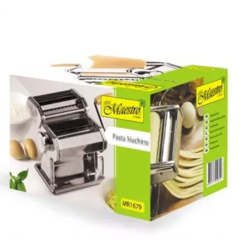MEO MR-1679 MAESTRO máquina manual para hacer pasta - acero cromado, 9 ajustes de grosor, 3 tipos de pasta, pinza de mesa