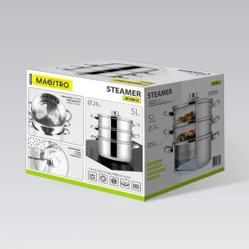 MEO MR-2900-24 MAESTRO Olla 24 cm 5,0 L acero inoxidable con tapa de cristal, apta para inducción
