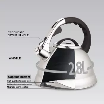 MEO Stovetop Kettle 2.8L MR-1328 MAESTRO Hervidor para placas de cocina de acero inoxidable con silbato y asa de baquelita resistente al calor, apto para inducción y todo tipo de cocinas, plata