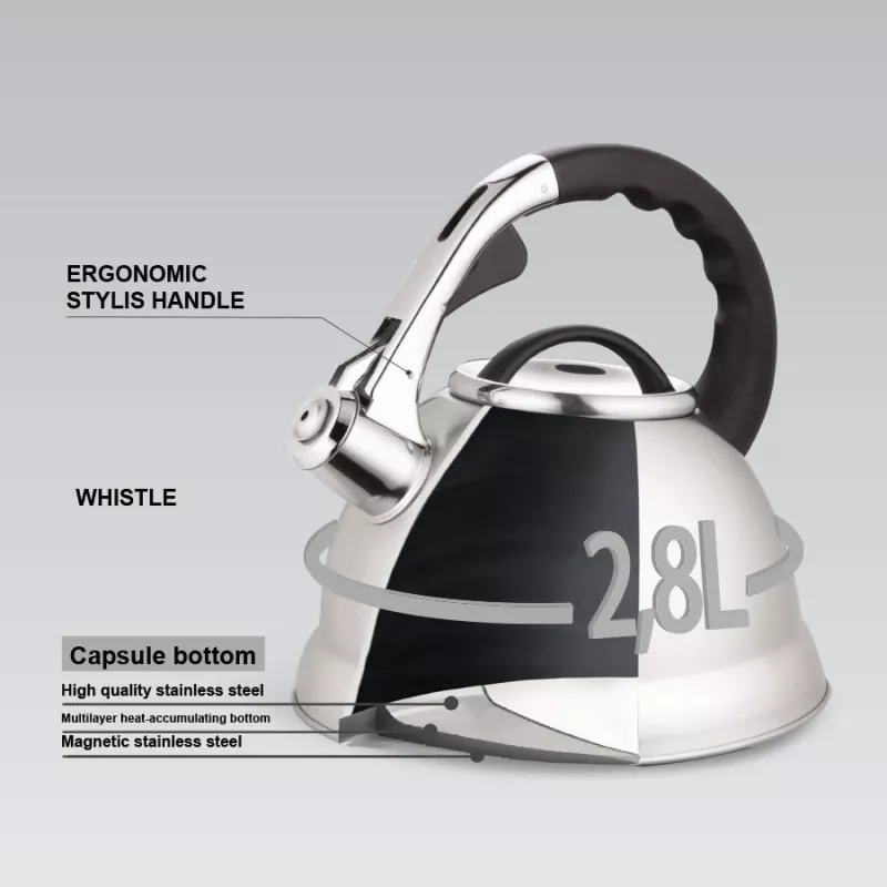 MEO Stovetop Kettle 2.8L MR-1328 MAESTRO Hervidor para placas de cocina de acero inoxidable con silbato y asa de baquelita resistente al calor, apto para inducción y todo tipo de cocinas, plata