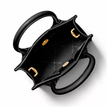 Michael Kors Jet Set Travel Bolso bandolera, negro, lona con revestimiento de firma y ribetes de piel, herrajes dorados, 15 cm x 17 cm x 6 cm