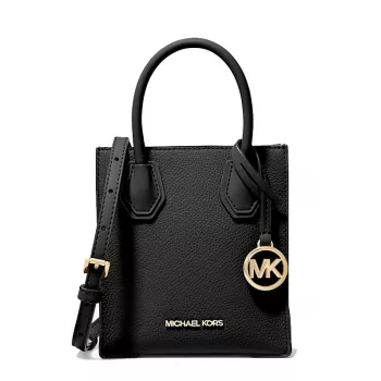 Michael Kors Jet Set Travel Bolso bandolera, negro, lona con revestimiento de firma y ribetes de piel, herrajes dorados, 15 cm x 17 cm x 6 cm