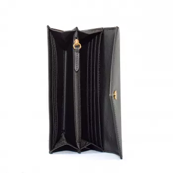 Michael Kors Jet Set Travel Funda cartera para teléfono, piel Saffiano negra, herrajes dorados, cierre con cremallera, correa de muñeca desmontable, 6 ranuras para tarjetas, compartimento para billetes, compartimento para teléfono