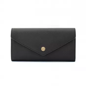 Michael Kors Jet Set Travel Funda cartera para teléfono, piel Saffiano negra, herrajes dorados, cierre con cremallera, correa de muñeca desmontable, 6 ranuras para tarjetas, compartimento para billetes, compartimento para teléfono