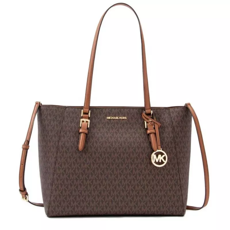 Bolso tote de piel Saffiano Michael Kors Jet Set Travel - Bolso para mujer en Marrón con herrajes dorados (42x28x10 cm)