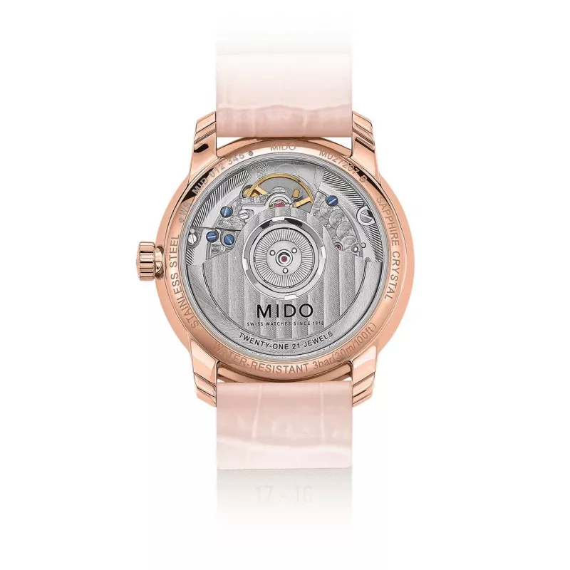 MIDO Baroncelli III Lady reloj automático 33mm oro rosa PVD acero inoxidable esfera plateada correa de piel marrón M027207360100