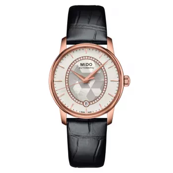 MIDO Baroncelli III Lady reloj automático 33mm PVD oro rosa esfera de nácar blanca con índices de diamantes correa de piel blanca